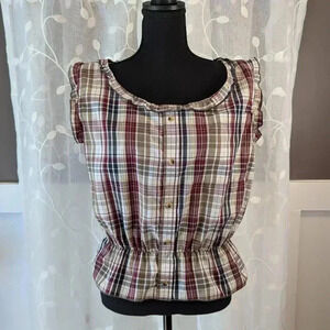 Urban Renewal Sleeveless Plaid Top, Gathered Waist, Size M